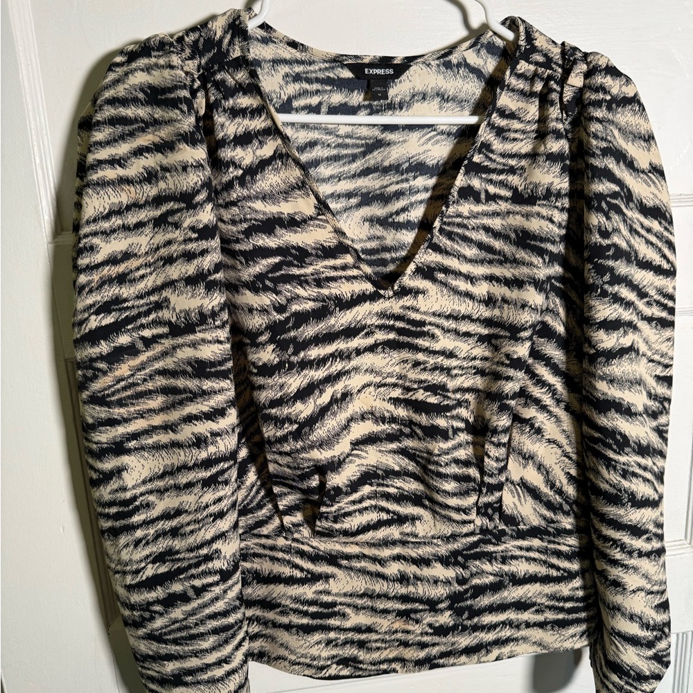 Express Black and Cream Animal Print V-Neck Blouse